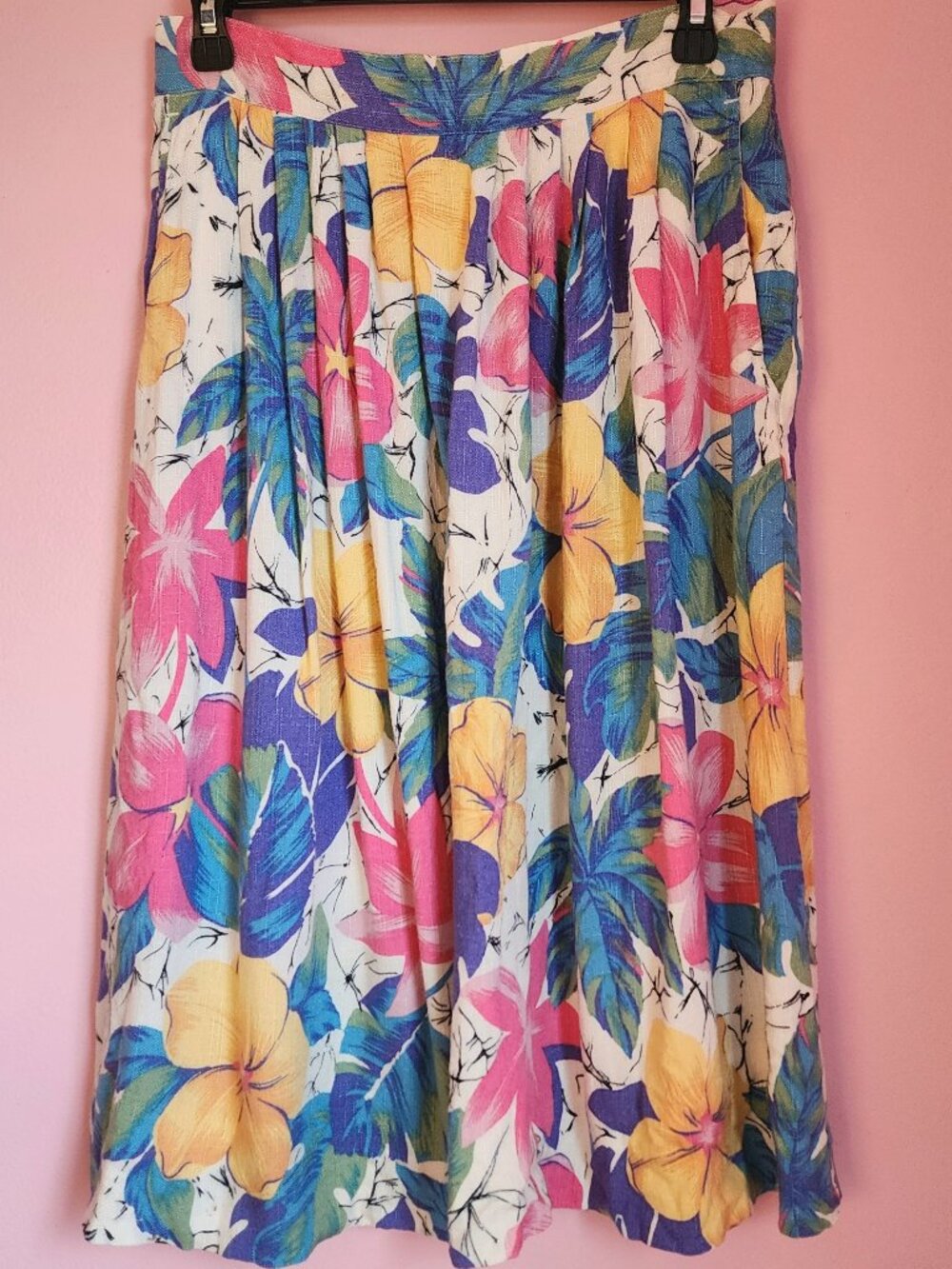 Vintage  Boho Zip Up Midi Skirt with Colorful 80s 90s Floral Print Women's Large